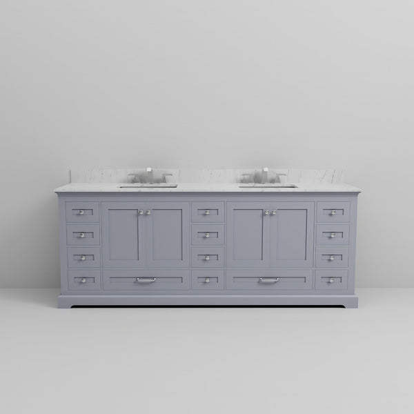 English Elm Dark Grey Double Bath Vanity 84" W x 22" D with Carrara Marble Top, 14 Drawers, Soft-Close, Faucet Set B2731P258426