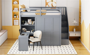 English Elm Full Size Loft Bed with Wardrobe Desk and Shelving for Modern Teen Bedroom Gray LT000679AAE-1