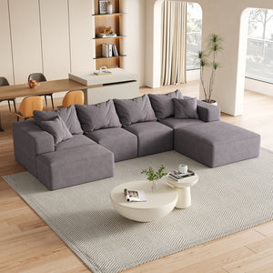 English Elm Modern Upholstered Modular Sectional Sofa Set 132" L-Shaped No-Assembly Chenille Comfort Hub with 6 Pillows Grey W834S00499