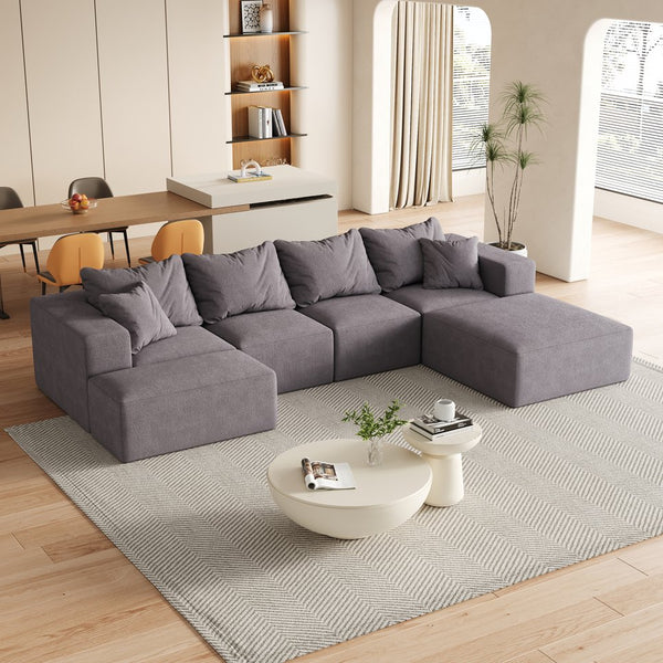 English Elm Modern Upholstered Modular Sectional Sofa Set 132" L-Shaped No-Assembly Chenille Comfort Hub with 6 Pillows Grey W834S00499