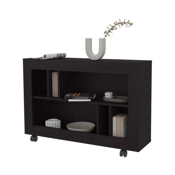 English Elm FM Cowlic Console Table with Open Shelves and Smooth-Roll Wheels for Versatile Modern Storage and Display Wenge 43 L x 17 W x 6 H B128P283286