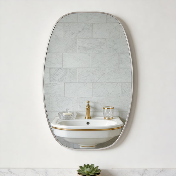 English Elm 24x36 Matte Metal Framed Oval Wall Mirror with Hd Glass for Bath or Entryway Silver W2203P474696
