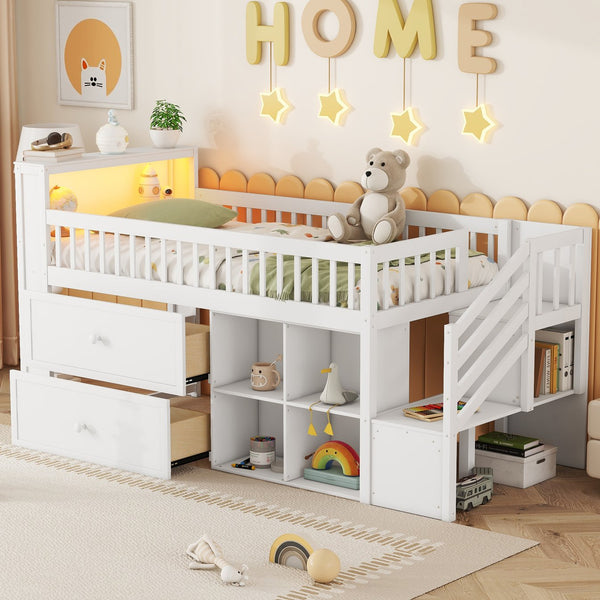 English Elm Twin Loft Bed with Built-In Stairs, Shelves, Hanging Rod & 2 Drawers for Space-Saving Kids Room White 45.87 L x 18.5 W x 10.83 H W2593S00004
