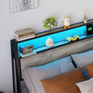 English Elm Queen Metal Platform Bed with Rgb Led Headboard Shelving and Built-in Charging Ports T3963P447321