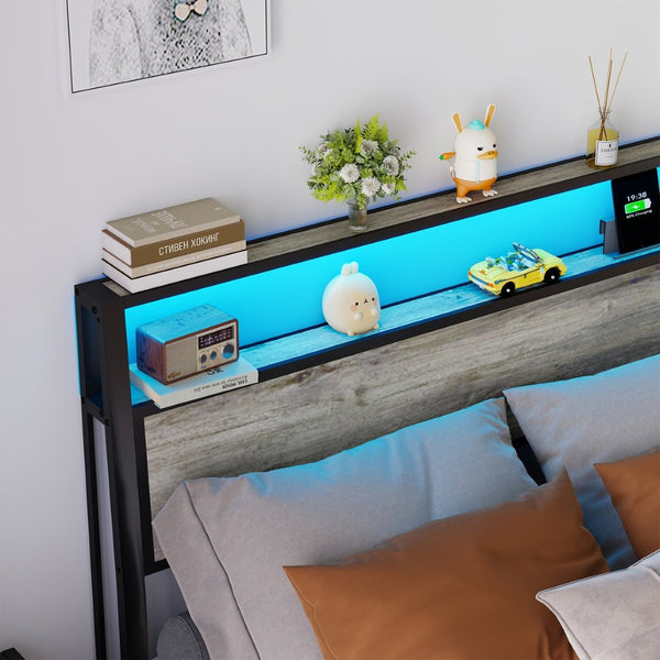 English Elm Queen Metal Platform Bed with Rgb Led Headboard Shelving and Built-in Charging Ports T3963P447321