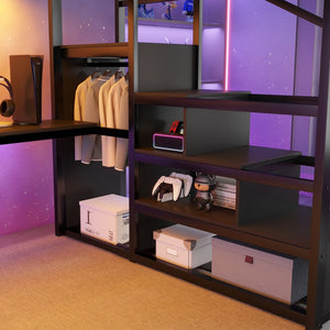 English Elm Queen Metal Loft Bed with Desk Charging Station Rgb Lighting and Storage Stairs W2580S00091