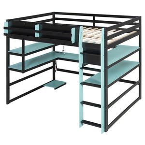 English Elm Full Size Gaming Loft Bed with Rgb Lights Wraparound Shelves and Built-in Usb Ports Blue LT000299AAC