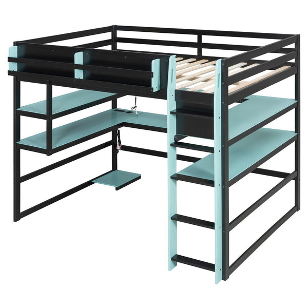 English Elm Full Size Gaming Loft Bed with Rgb Lights Wraparound Shelves and Built-in Usb Ports Blue LT000299AAC