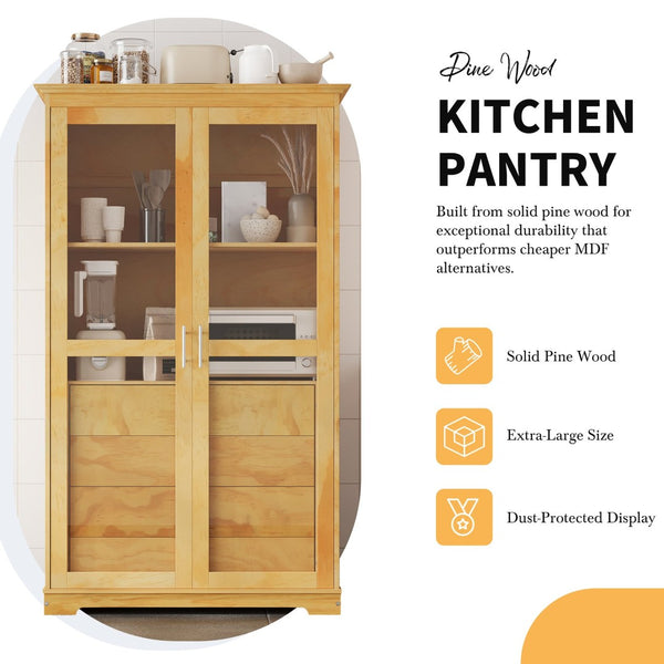 English Elm Topmax Solid Pine Pantry Cabinet with Glass Doors Four Drawers Farmhouse Storage Natural SP000086AAA
