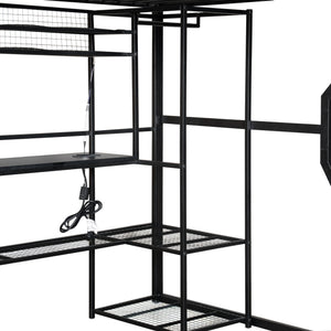English Elm Full Size Metal Gaming Loft Bed With Workstation, Led Lights, Storage Solutions & Open Wardrobe N7090000666B