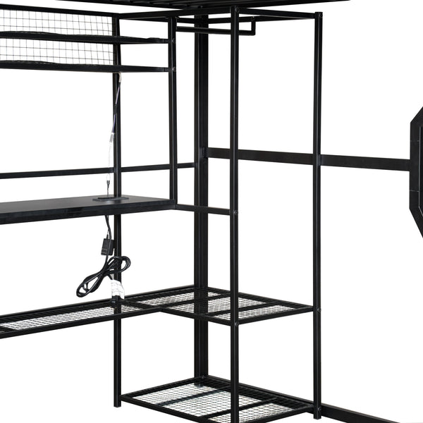 English Elm Full Size Metal Gaming Loft Bed With Workstation, Led Lights, Storage Solutions & Open Wardrobe N7090000666B