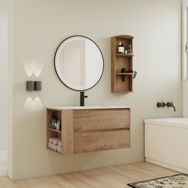 English Elm 36" Wall-Mounted Bathroom Vanity With Ceramic Sink, Dual Soft-Close Drawers & Side Rack Storage, Durable KD Packing W999S00344