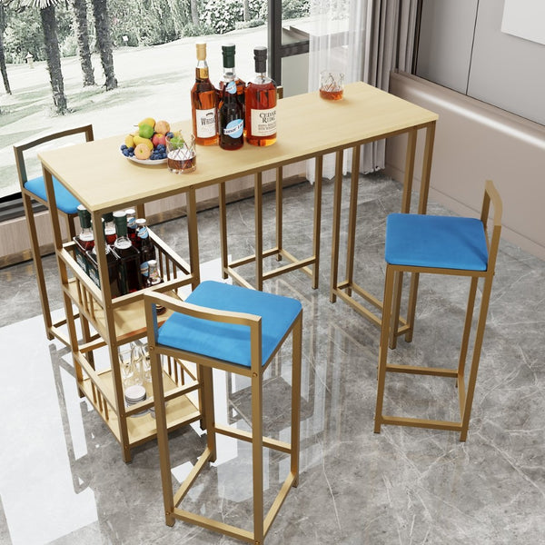 English Elm Bar Table and Four Cushioned Chairs Gold Iron Frame with Built-in Shelf Coastal Style W3064P245382