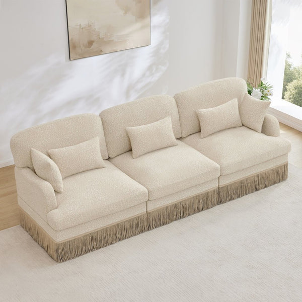 English Elm 100" Leopard Chenille Sectional Sofa with Tassel Trim Deep Seat Modular Living Room Couch Beige W5656S00004