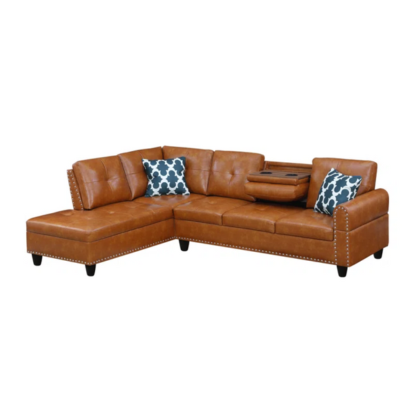 English Elm Black Faux Leather L Shaped Sectional with Cup Holders Nailhead Trim Storage Ginger B2730S00027