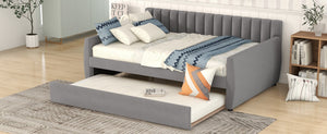 English Elm Full Size Velvet Upholstered Daybed with Pull Out Trundle and Wood Slat Support Gray LP100121AAE