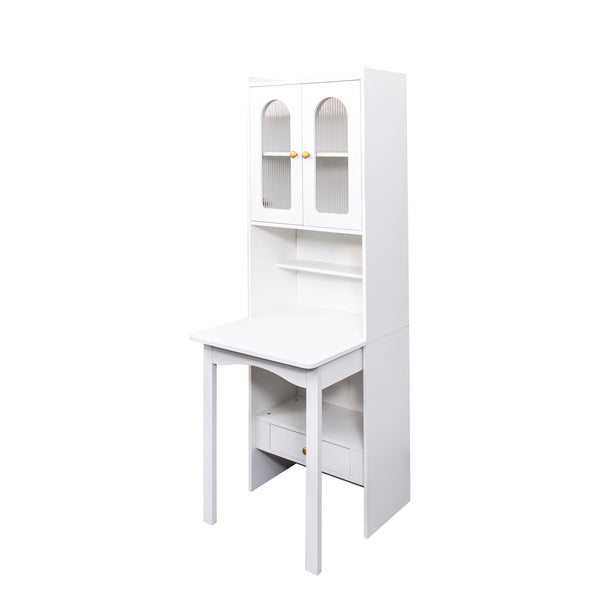 English Elm Fold-Out Convertible Writing Table with Drawer and Shelf, Space-Saving Home Office Desk Cabinet White W331P256909