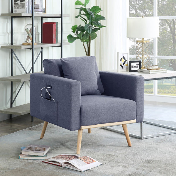 English Elm Elio Mid-century Linen Accent Chair with Usb Port Side Pockets and Tapered Wood Legs B2749P413343