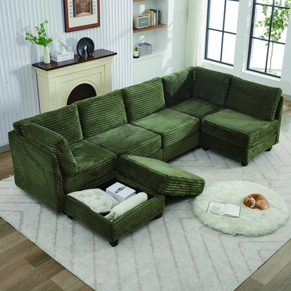 English Elm Corduroy Plush U-Shaped Sectional Sofa with Storage Ottoman, Pet-Friendly Durable Modular Comfort Green W2915S00065