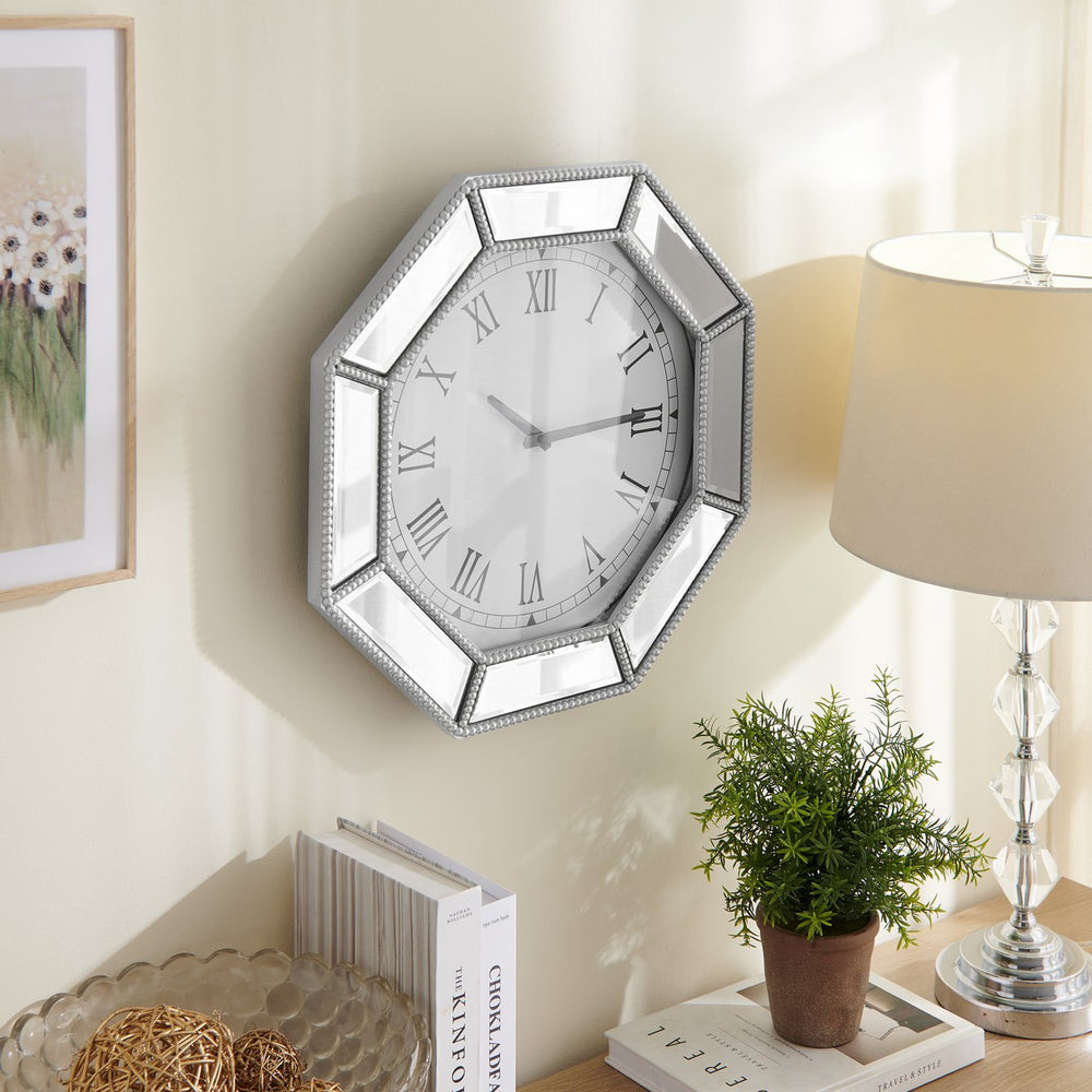 English Elm Mirrored octagonal wall clock with silver beaded trim, silent quartz, beveled mirror, bold Roman numerals W1005P365316