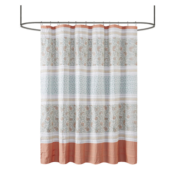 JLA Home Madison Park - Cotton Paisley Shower Curtain with Pin-Tucks and Lace Trim, OEKO-TEX Certified, 72x72 Inches Coral MP70-3038