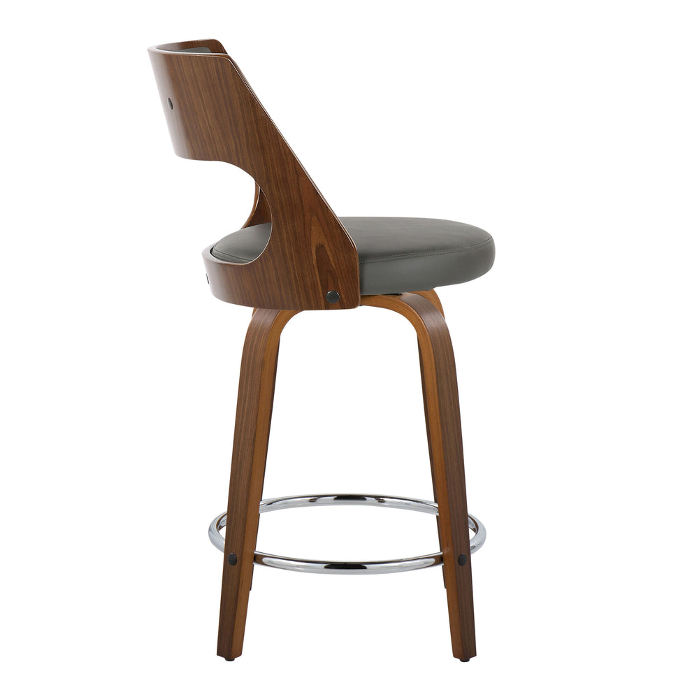 English Elm Cecina Mid-Century 24" Fixed-Height Counter Stool Set of 2 — Swivel Grey Faux Leather, Walnut Frame, Chrome Footrest B202S00019