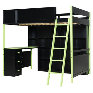 English Elm Full Size Gaming Loft Bed with Led Lighting Desk Drawers and Display Shelving Green LT000263AAF