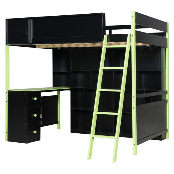 English Elm Full Size Gaming Loft Bed with Led Lighting Desk Drawers and Display Shelving Green LT000263AAF