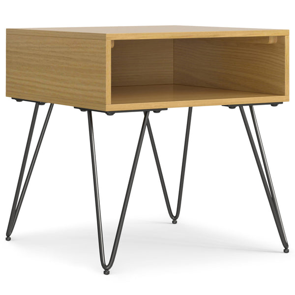 English Elm Hunter Handcrafted Solid Wood Veneer End Table with Open Storage and Industrial Hairpin Legs Oak B136P203450