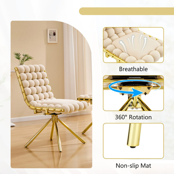 English Elm Cream Dutch Velvet Swivel Chair Tufted Bubble Backrest Glam Armless Accent Seat Beige,Gold W3875P448019