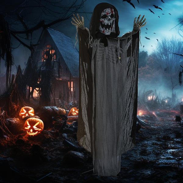 English Elm Outsunny Inflatable 5ft Pumpkin Grim Reaper with Bright LED Lights, Waterproof Yard Décor for Halloween Grey W2225P217527