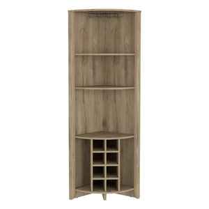 English Elm Essential Corner Bar Cabinet with Wine Rack & Cup Holders, Space-Saving Three-Tier Storage Solution Light Oak 75 L x 24 W x 3 H B200S00404