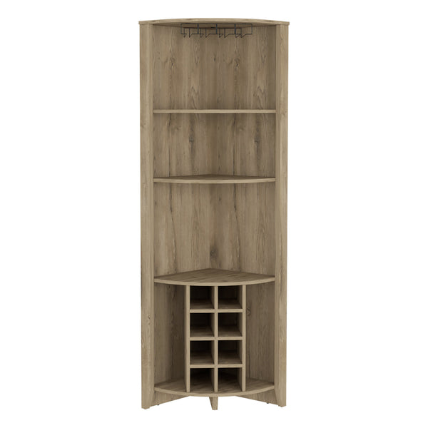 English Elm Essential Corner Bar Cabinet with Wine Rack & Cup Holders, Space-Saving Three-Tier Storage Solution Light Oak 75 L x 24 W x 3 H B200S00404