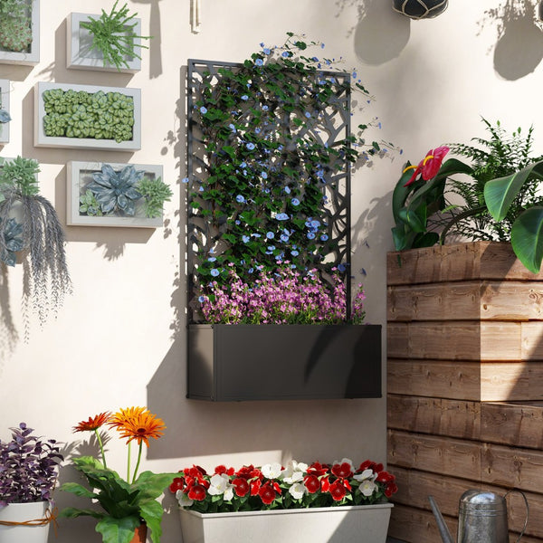 English Elm Outsunny Powder Coated Metal Raised Garden Bed with Trellis and Decorative Tree Panel W2225P485561