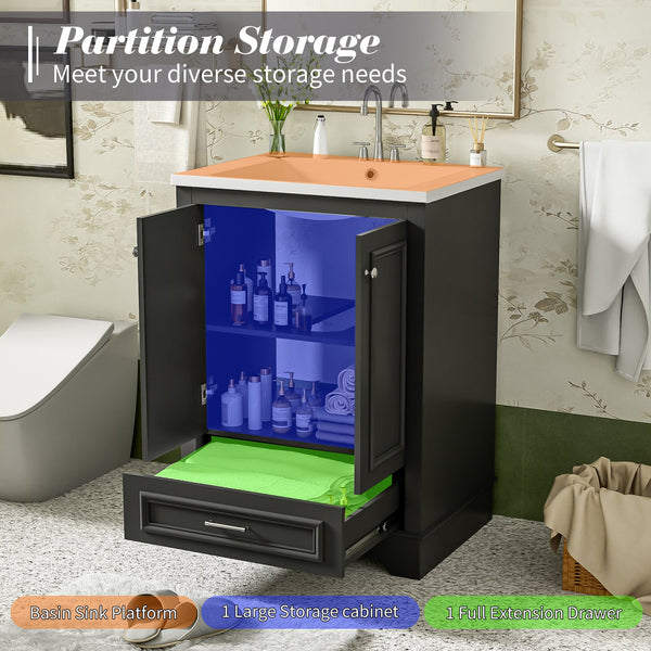 English Elm 24'' Bathroom Vanity with Ceramic Sink Combo Modern Freestanding MDF Cabinet with Soft-Close Doors and Sleek Silver Handles for Spacious Organized Bathroom Storage Black N710P194893B