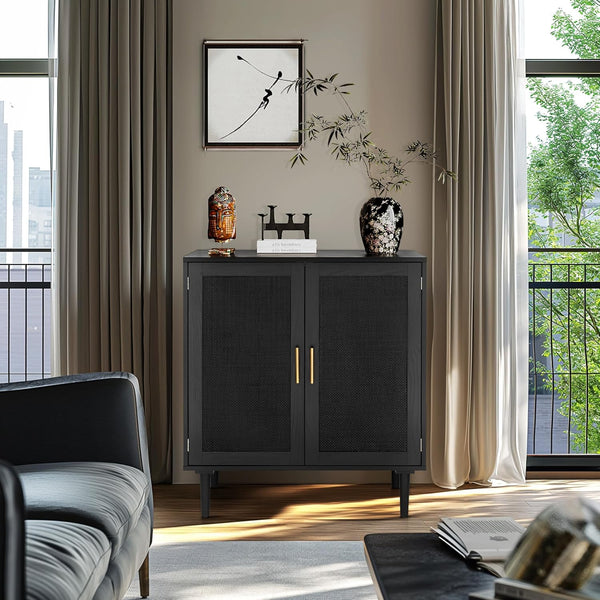 English Elm Sideboard Black Painted Rattan Door Buffet Cabinet 31.5" Large Storage MDF Solid Wood Legs, Boho Chic W295P301483
