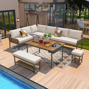 English Elm K&K 6-Piece Rope Patio L-Shaped Sectional Set with Acacia Wood Ice Box Table and Deep Cushions Beige+Brown N707S000014Z