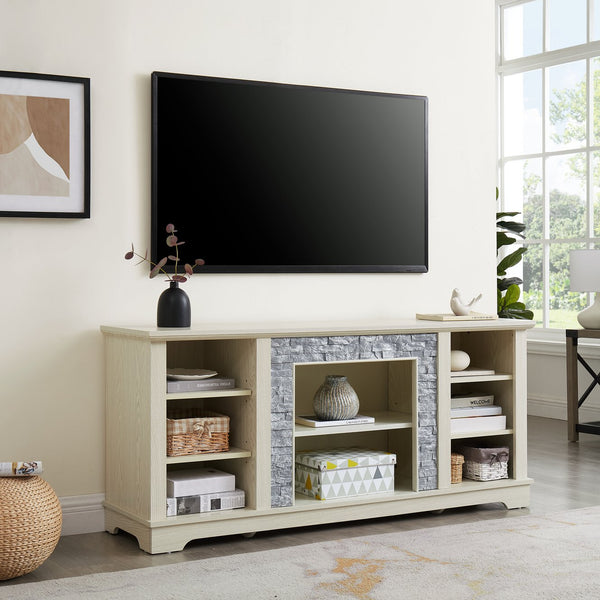 English Elm Mantel Stone TV Media Stand with Faux Stacked Stone Surround, Modern Console with Ample Storage and Cable Management for TVs up to 65" White W1758P187685