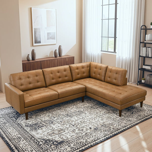 English Elm Lucco Top-grain Leather Tufted Sectional Mid-century Modern Living Room Sofa B183S00216