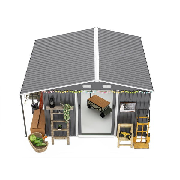 English Elm 10x12 Ft Galvanized Steel Outdoor Shed Dual Zone Lockable Sliding Doors Backyard Storage Dark Gray W1598S00034