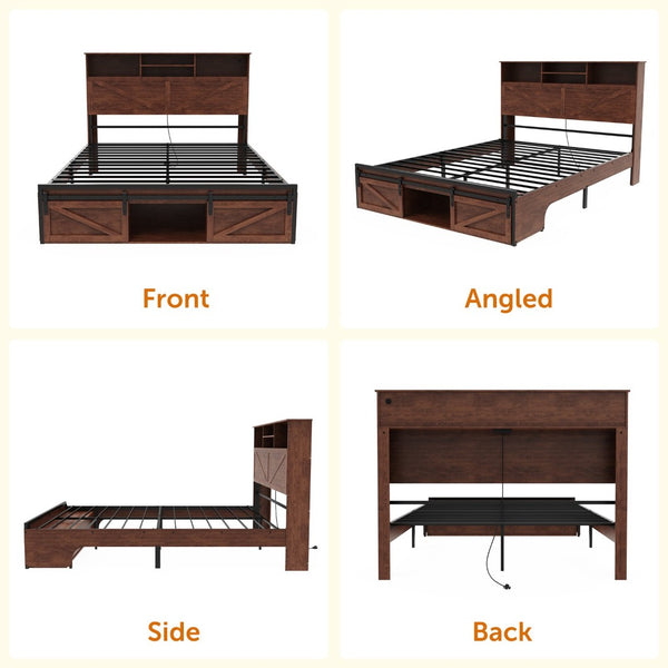 English Elm Farmhouse Full Bed with Storage Headboard Led Lighting and Built-in Charging Station W1550P343687