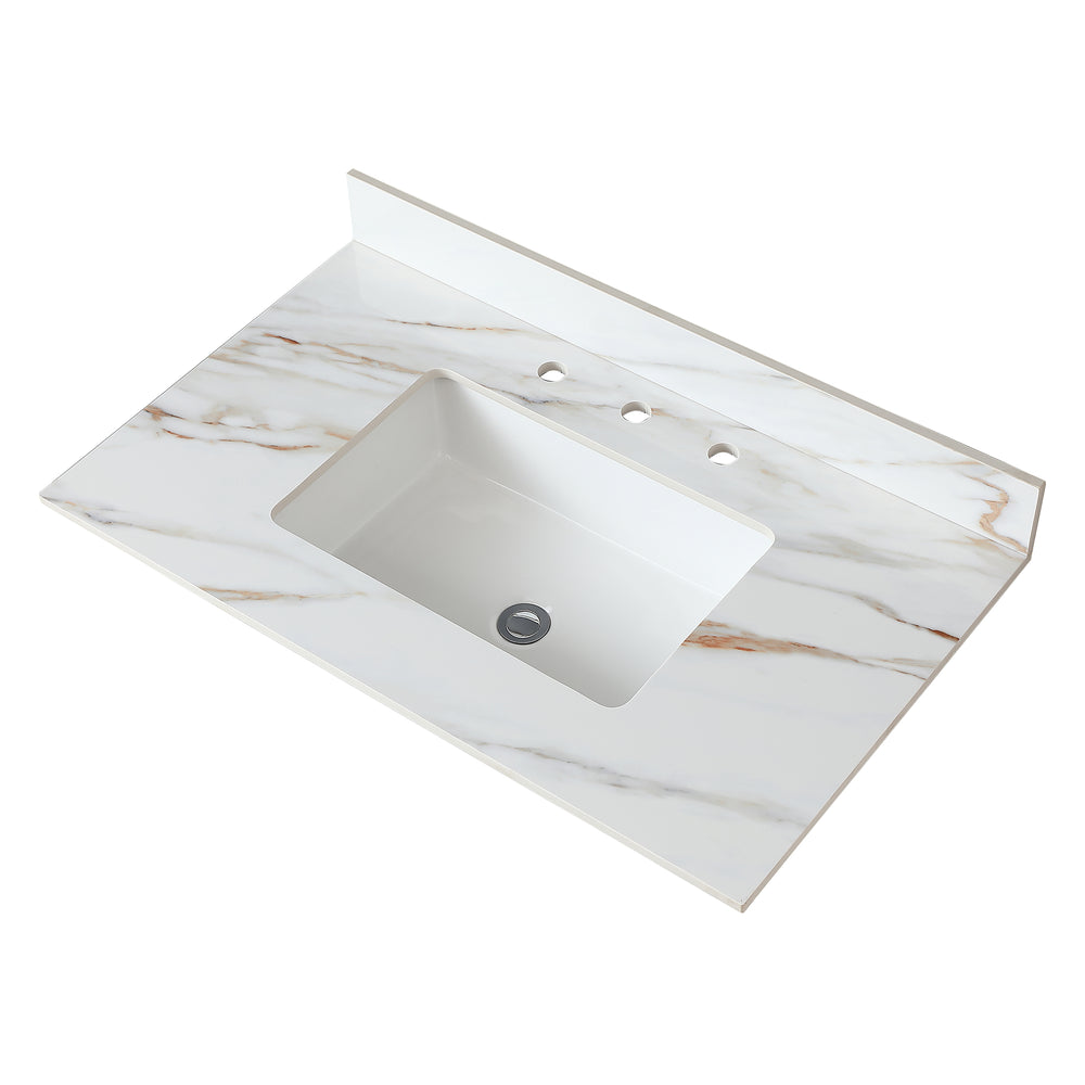 English Elm 37 Inch Marble Vanity Top - Elegant Carrara White Finish With Undermount Sink & 4" Backsplash Design W2699P192442