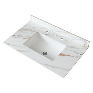 English Elm 37 Inch Marble Vanity Top - Elegant Carrara White Finish With Undermount Sink & 4" Backsplash Design W2699P192442