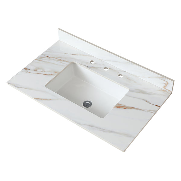 English Elm 37 Inch Marble Vanity Top - Elegant Carrara White Finish With Undermount Sink & 4" Backsplash Design W2699P192442
