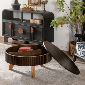 English Elm 31.5" Round Mid-century Coffee Table with Lower Shelf Solid Wood Legs and Mdf Top Brown W757P370297