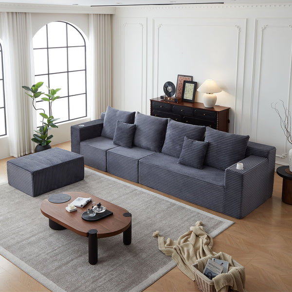 English Elm Deep Seat Corduroy Modular Cloud Couch - Oversized Comfort, Cup Holders & No Assembly Needed! W848S00052