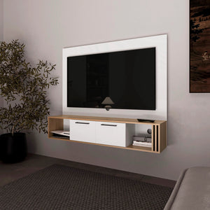 English Elm White Entertainment Center with Natural Oak Finish, 4 Shelves & Cable Management for Clutter-Free Living Room Storage B062P290235