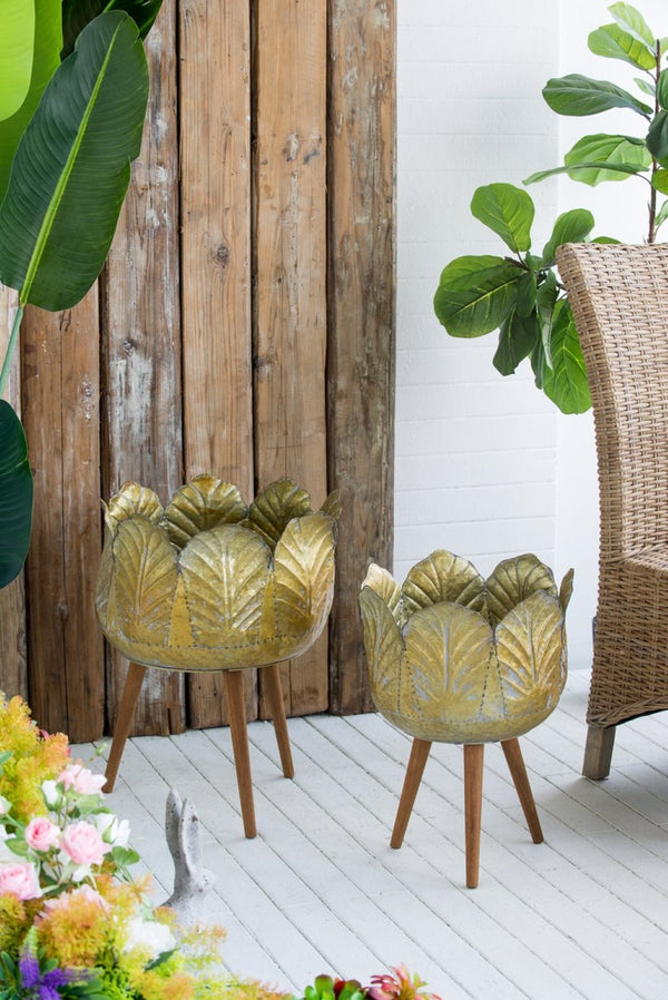 English Elm Set of 2 Distressed Zinc Planters with Tapered Fir Legs Vintage Industrial Style W2078P498308