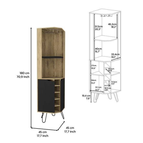 English Elm Corner Corner Cabinet with Six-Bottle Wine Rack, Shelves & Cup Rack in Macadamia/Black — FSC Certified Storage Solution B097S00165
