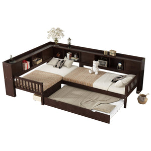 English Elm L-shaped Twin Platform Bed with Trundle, Solid Wood Corner Sleeper with Drawers, Shelves, No Box Spring Needed Espresso W1580S00261